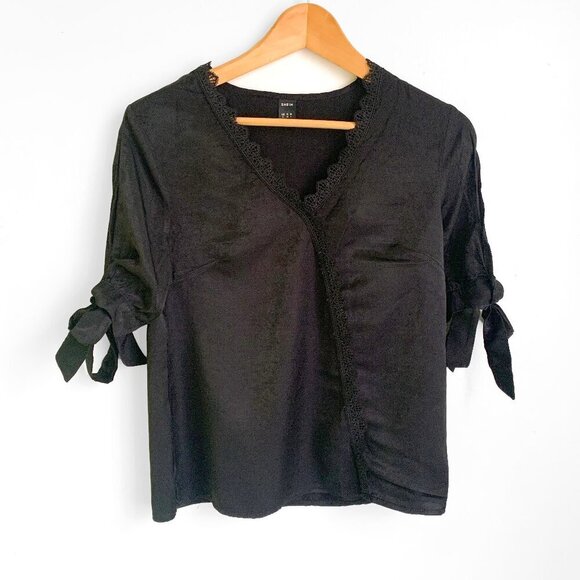 Shein Black Lace Trim Tie Sleeve Blouse - Picture 1 of 6